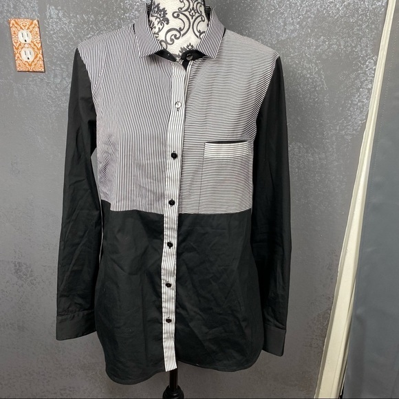 Per Se by Carlisle black white color block button up collared dress shirt career - Picture 3 of 12